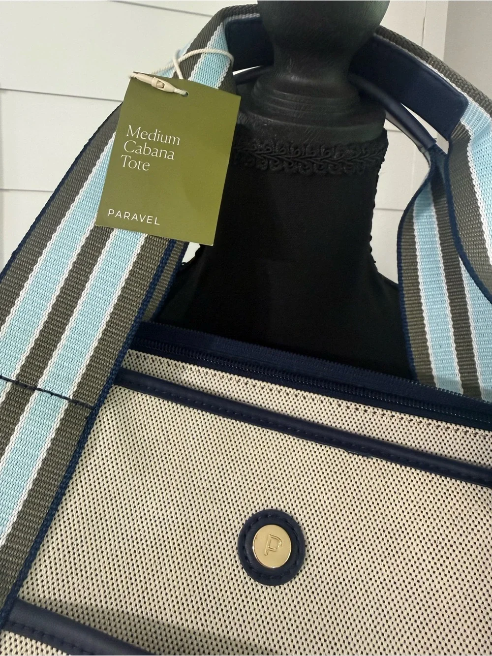 Paravel Medium Cabana Tote Cream Blue Canvas Stripe Travel Beach Market  NWT